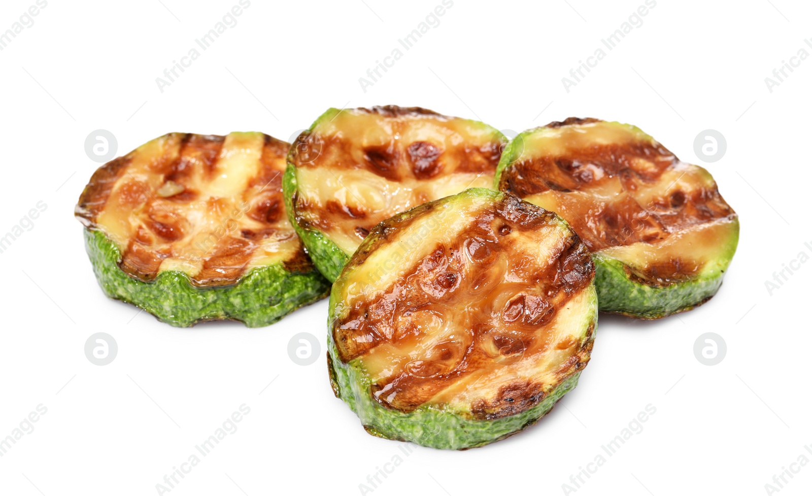 Photo of Slices of delicious grilled zucchini isolated on white