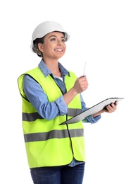 Photo of Female industrial engineer in uniform with clipboard on white background. Safety equipment