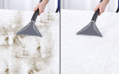 Man disinfecting mattress with vacuum cleaner, closeup. Before and after cleaning