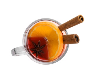 Photo of Glass cup of mulled wine isolated on white, top view