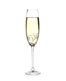 Photo of Glass of champagne on white background. Festive drink