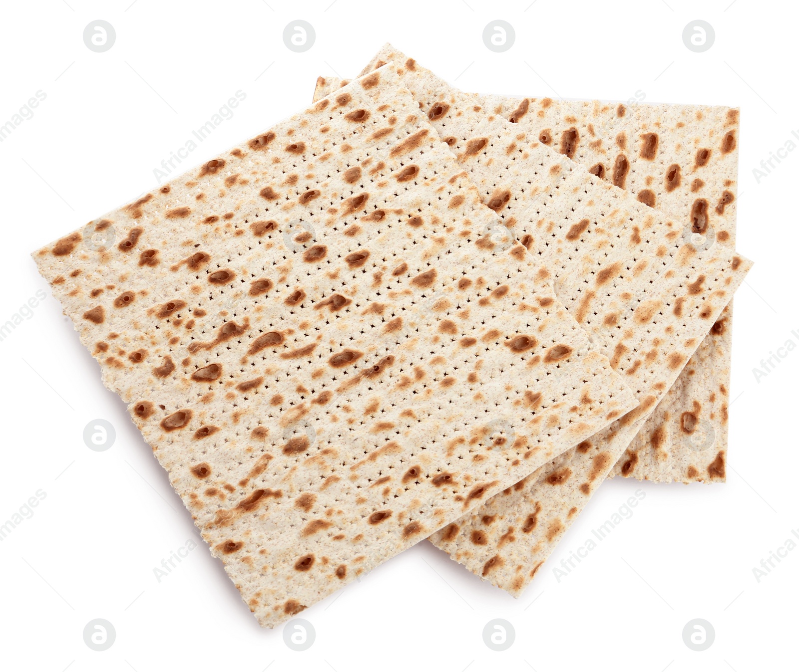 Photo of Passover matzos isolated on white, top view. Pesach celebration