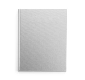 Photo of Closed book with grey hard cover isolated on white, top view