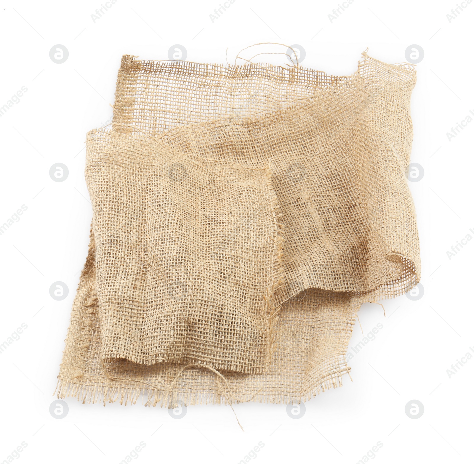 Photo of Piece of burlap fabric isolated on white, top view