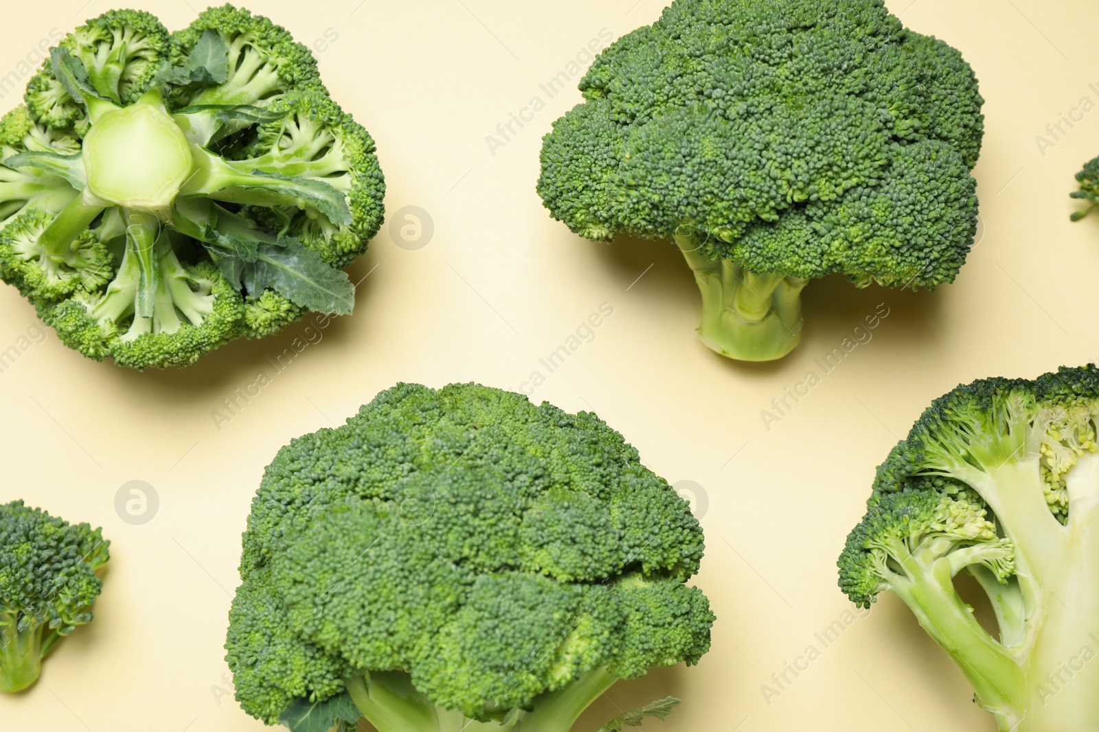 Photo of Fresh broccoli on beige background, flat lay