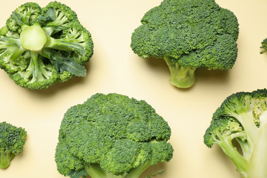 Photo of Fresh broccoli on beige background, flat lay