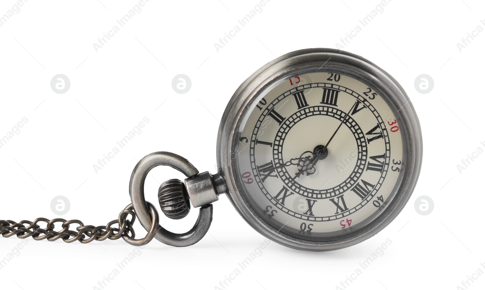 Photo of One pocket clock with chain isolated on white