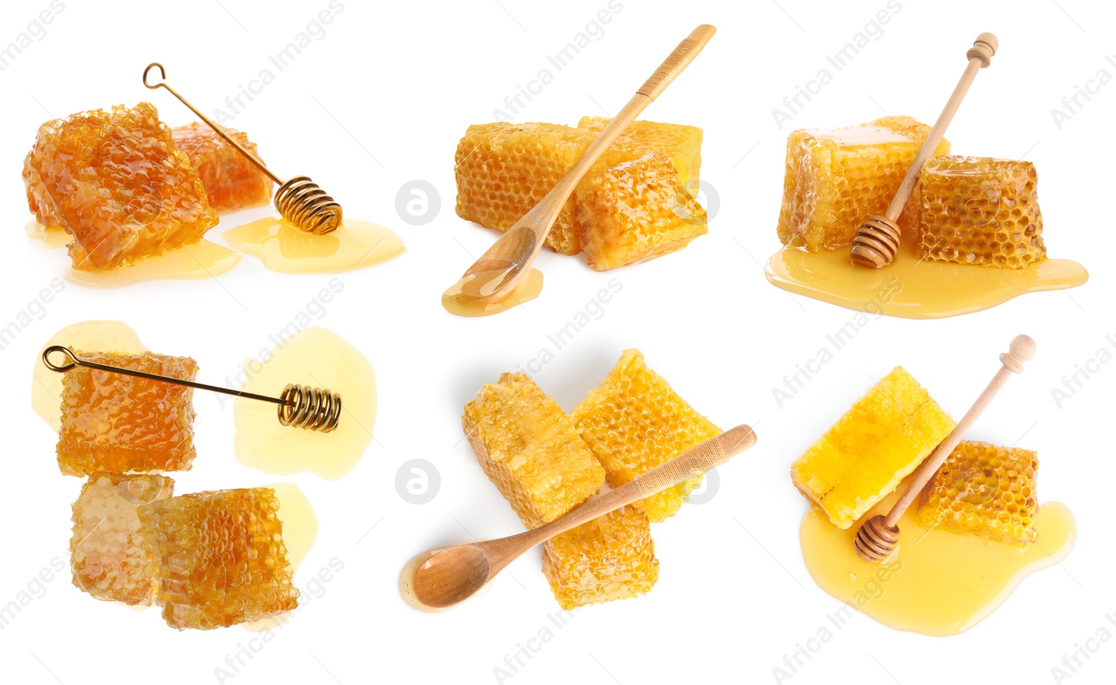 Image of Set with fresh delicious honeycombs and dippers on white background