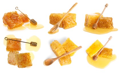 Set with fresh delicious honeycombs and dippers on white background