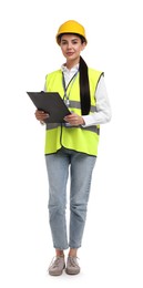 Photo of Engineer in hard hat holding clipboard on white background