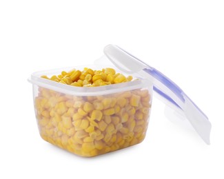 Photo of Plastic container with tasty corn kernels and lid isolated on white