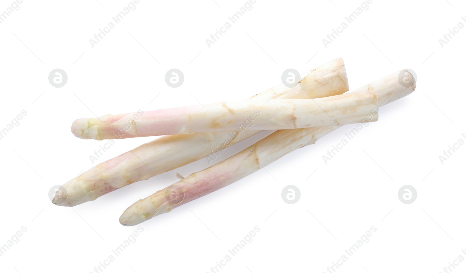 Photo of Pile of fresh raw asparagus isolated on white, top view