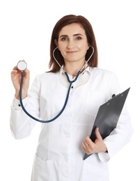 Photo of Portrait of female doctor with clipboard and stethoscope isolated on white. Medical staff