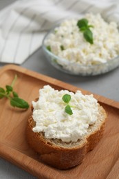 Photo of Bread with cottage cheese and basil on grey table, closeup