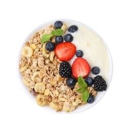 Tasty oatmeal, yogurt and fresh berries in bowl isolated on white, top view. Healthy breakfast