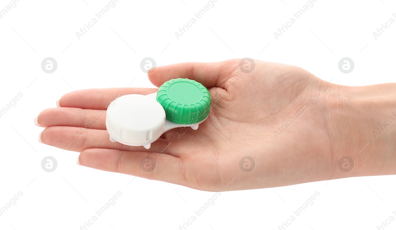 Photo of Woman holding case with contact lenses on white background, closeup