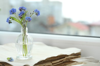 Photo of Beautiful blue forget-me-not flowers in glass bottle on stack of old paper near window. Space for text