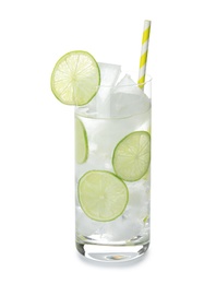 Photo of Glass of drink with lime and ice cubes isolated on white