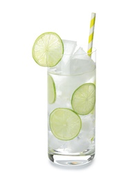 Glass of drink with lime and ice cubes isolated on white