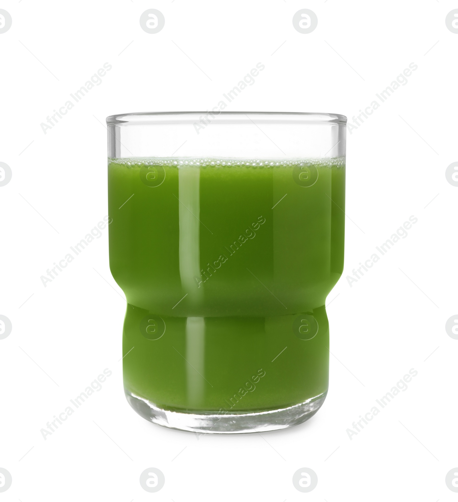 Photo of Glass of fresh celery juice on white background