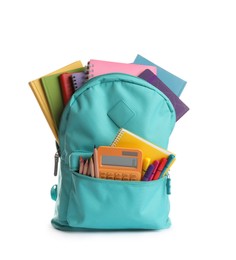 Photo of Turquoise backpack with different school supplies isolated on white