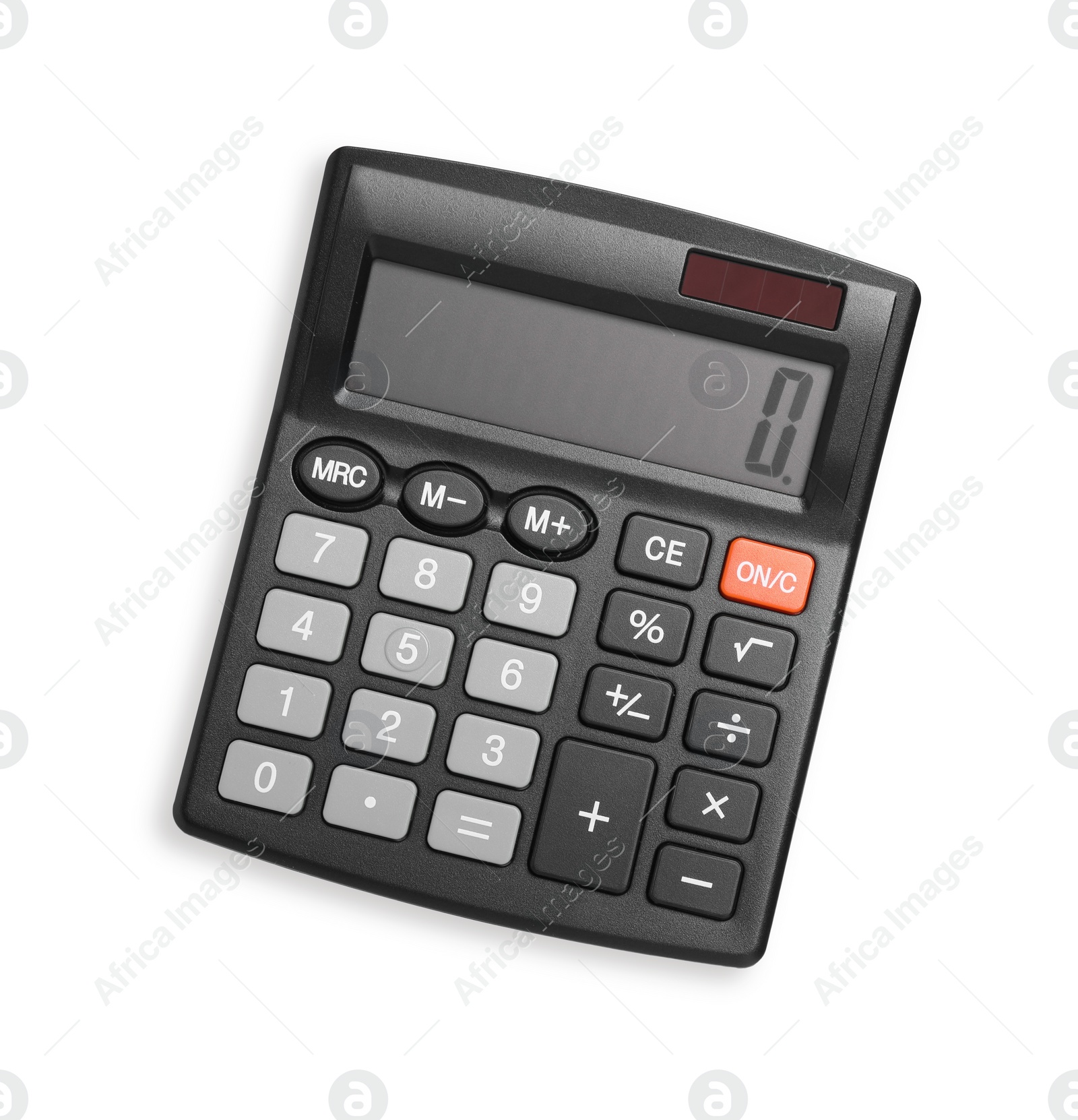 Photo of Black calculator isolated on white, top view. Office stationery