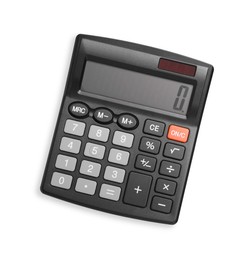 Photo of Black calculator isolated on white, top view. Office stationery