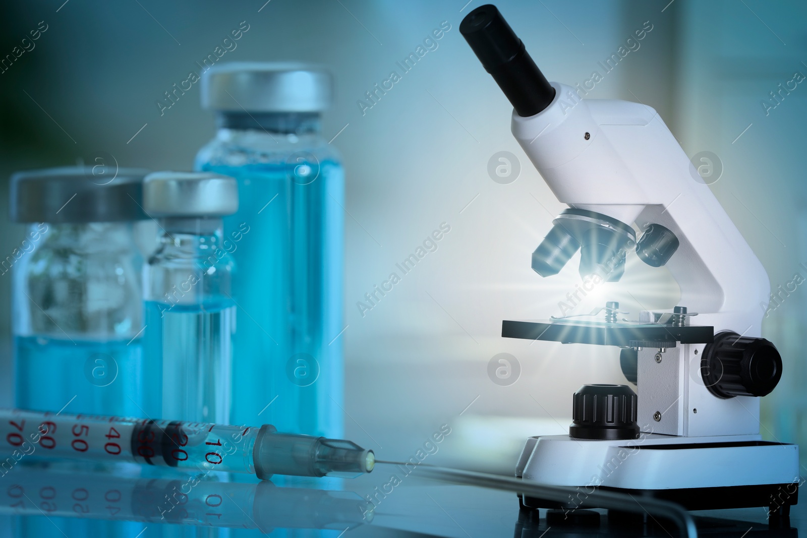 Image of Testing, analysis and experiment. Laboratory equipment and sample, double exposure