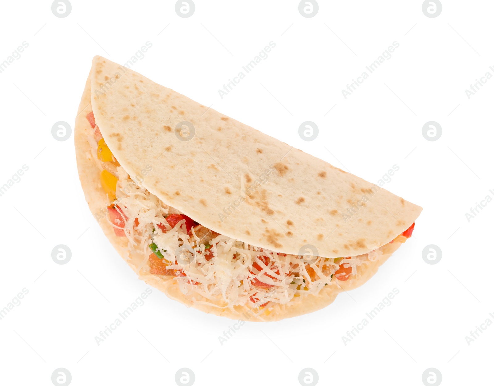 Photo of Delicious taco with vegetables and cheese isolated on white, top view