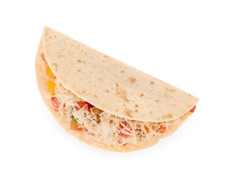 Photo of Delicious taco with vegetables and cheese isolated on white, top view