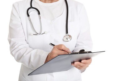 Closeup of female doctor with clipboard isolated on white. Medical staff