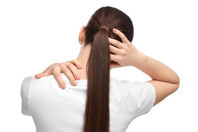 Photo of Woman touching her neck and head on white background, back view