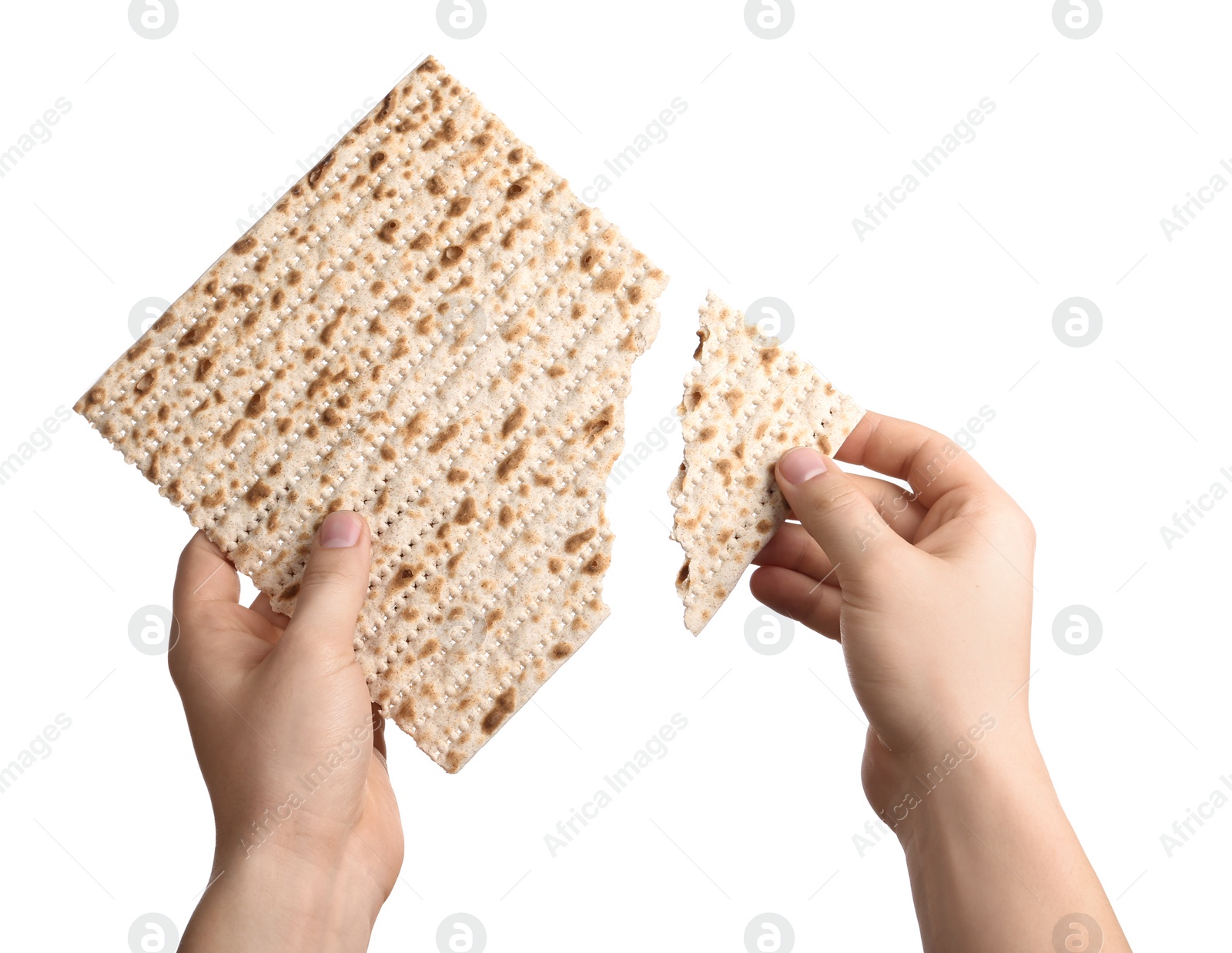 Photo of Man with Matzo on white background, closeup. Pesach (Passover) celebration