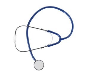 Photo of Stethoscope on white background, top view. Medical device