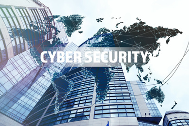Image of Text CYBER SECURITY, world map and modern buildings on background