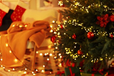 Blurred view of cozy room with Christmas decor. Interior design