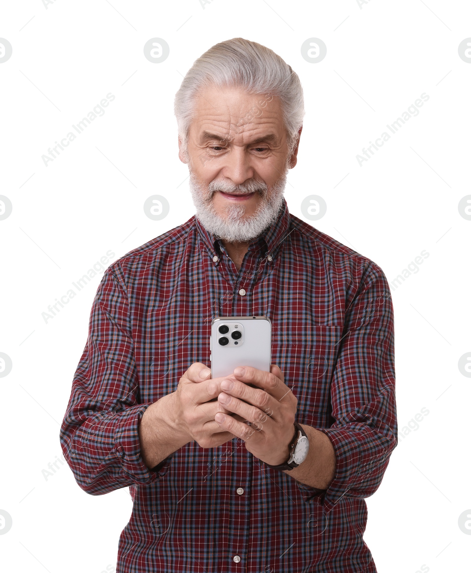 Photo of Portrait of happy grandpa using smartphone on white background