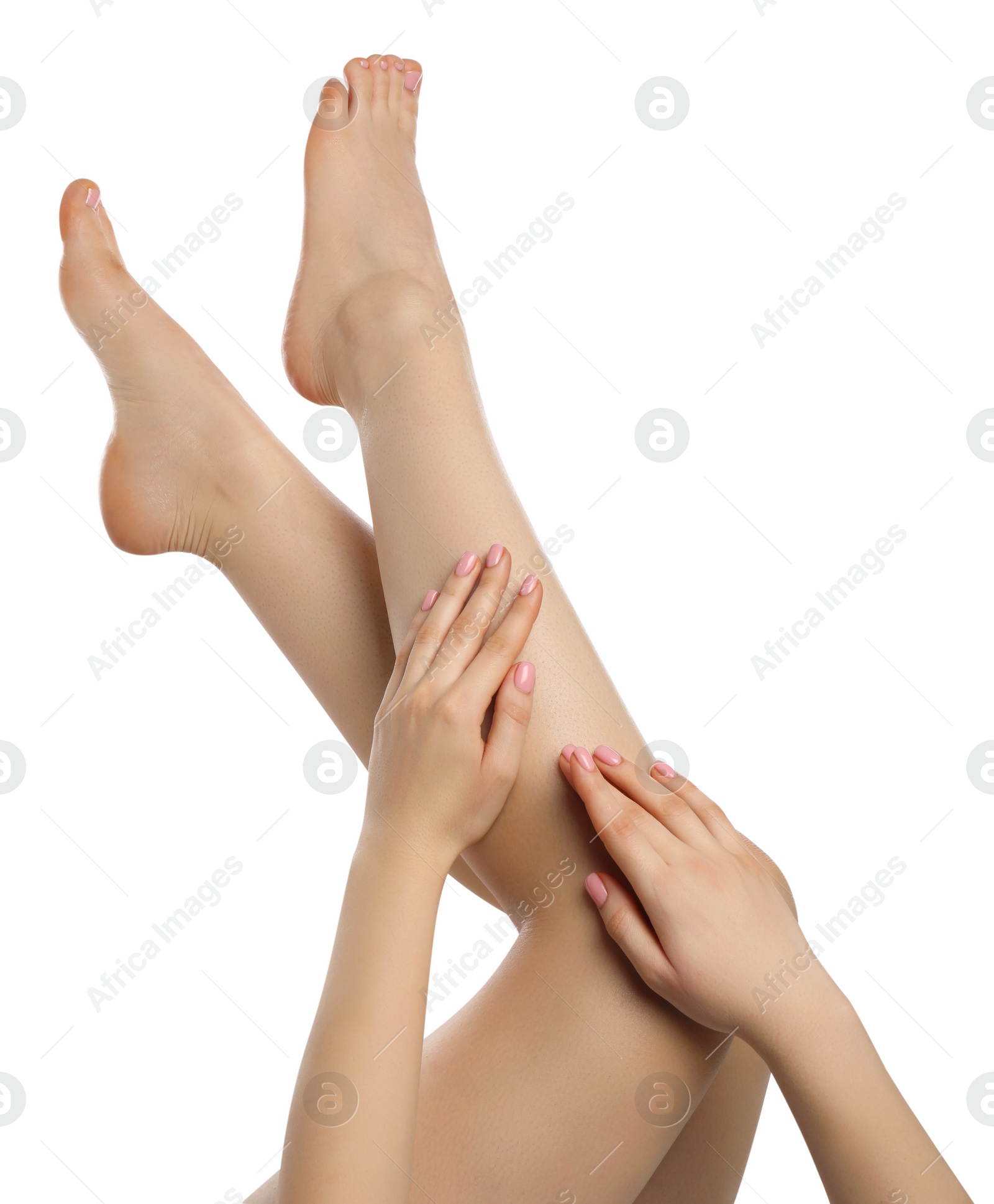 Photo of Woman with beautiful legs isolated on white, closeup