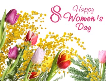 Image of Happy Women's Day. Beautiful bouquet with spring flowers on white background