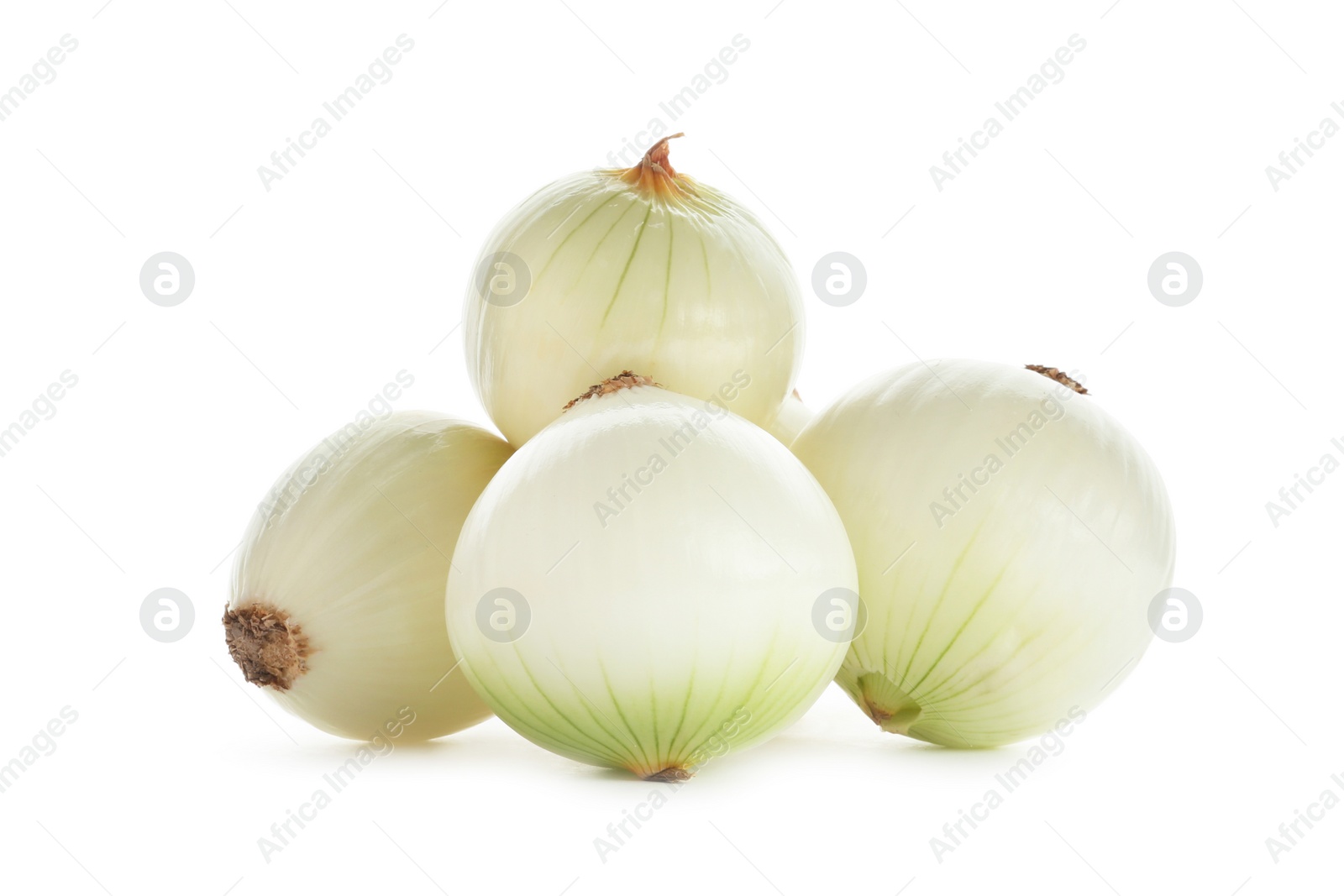 Photo of Fresh peeled onion bulbs on white background