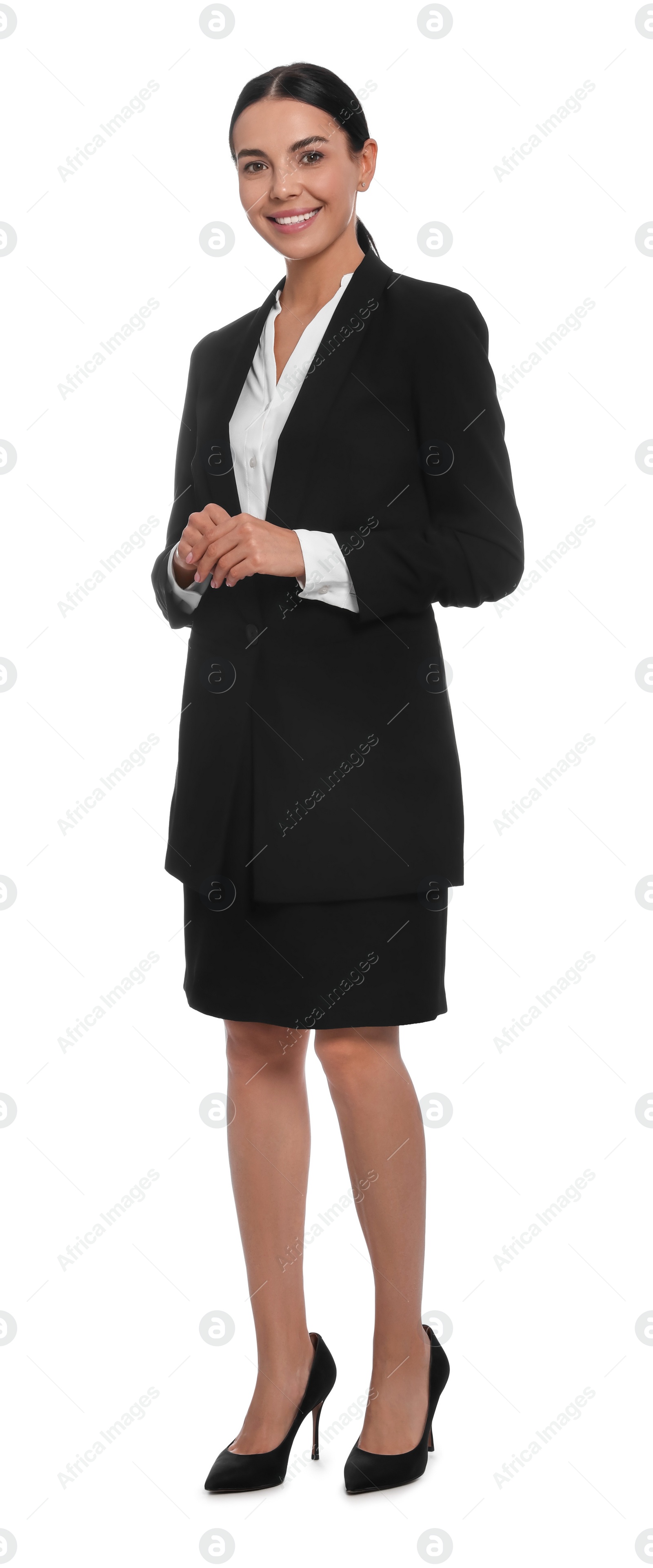 Photo of Full length portrait of hostess in uniform on white background