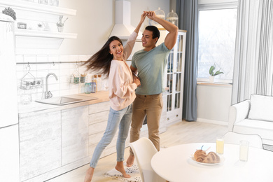 Image of Lovely young interracial couple dancing in their new house 