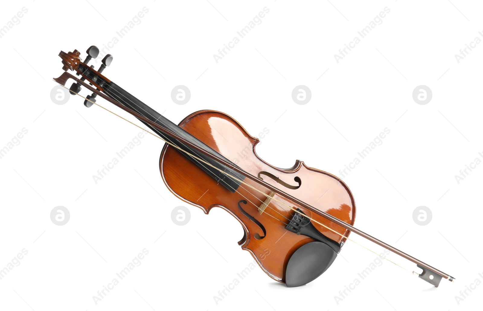 Photo of Classic violin and bow on white background. Musical instrument