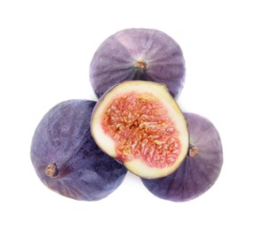 Photo of Whole and cut fresh figs isolated on white, top view