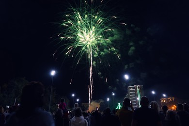 People watching beautiful bright fireworks outdoors at night