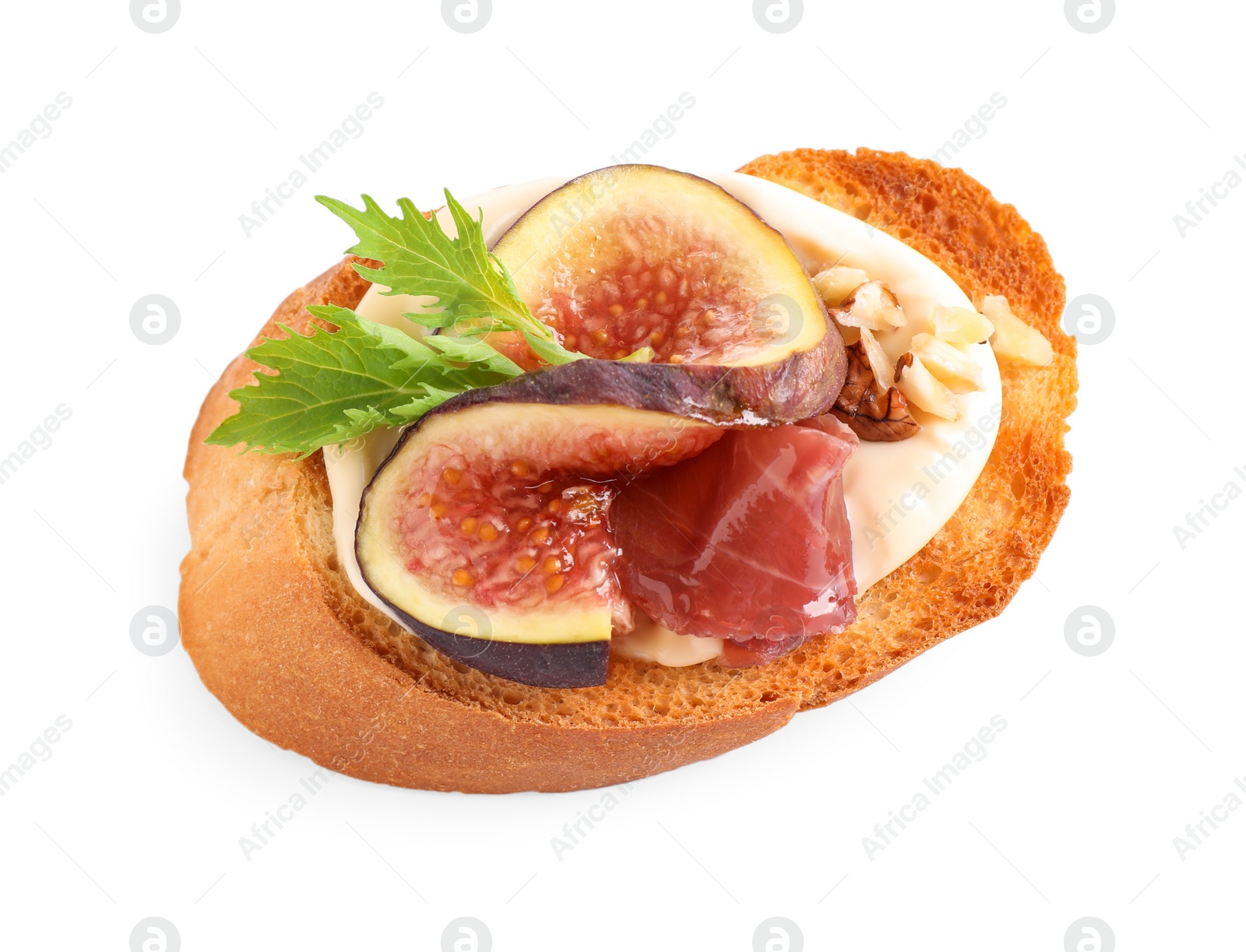 Photo of Bruschetta with cream cheese, prosciutto and figs isolated on white, top view