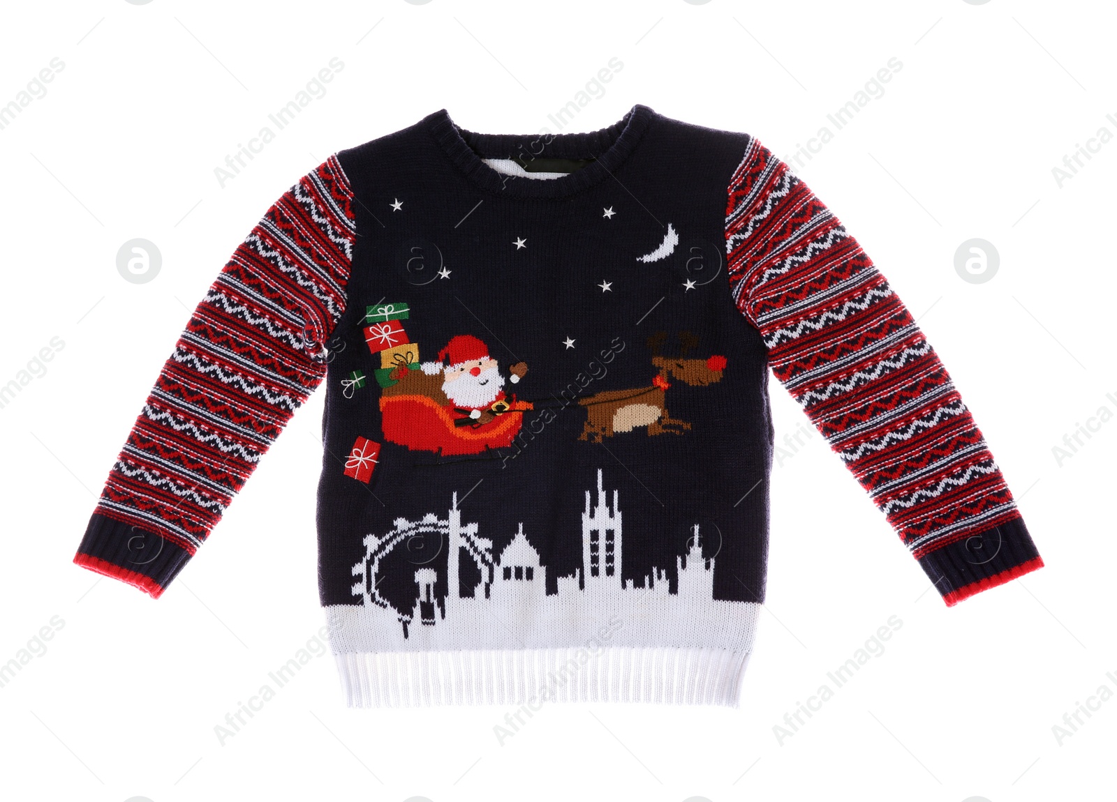 Photo of Warm Christmas sweater on white background. Seasonal clothing