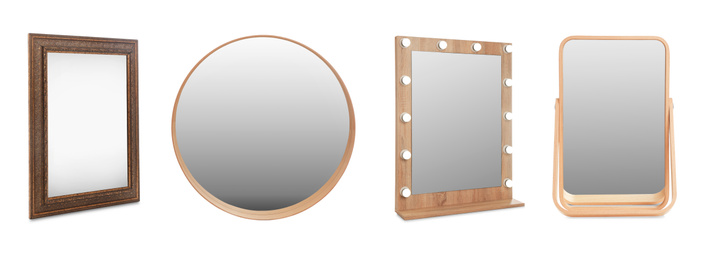 Set of different stylish mirrors on white background