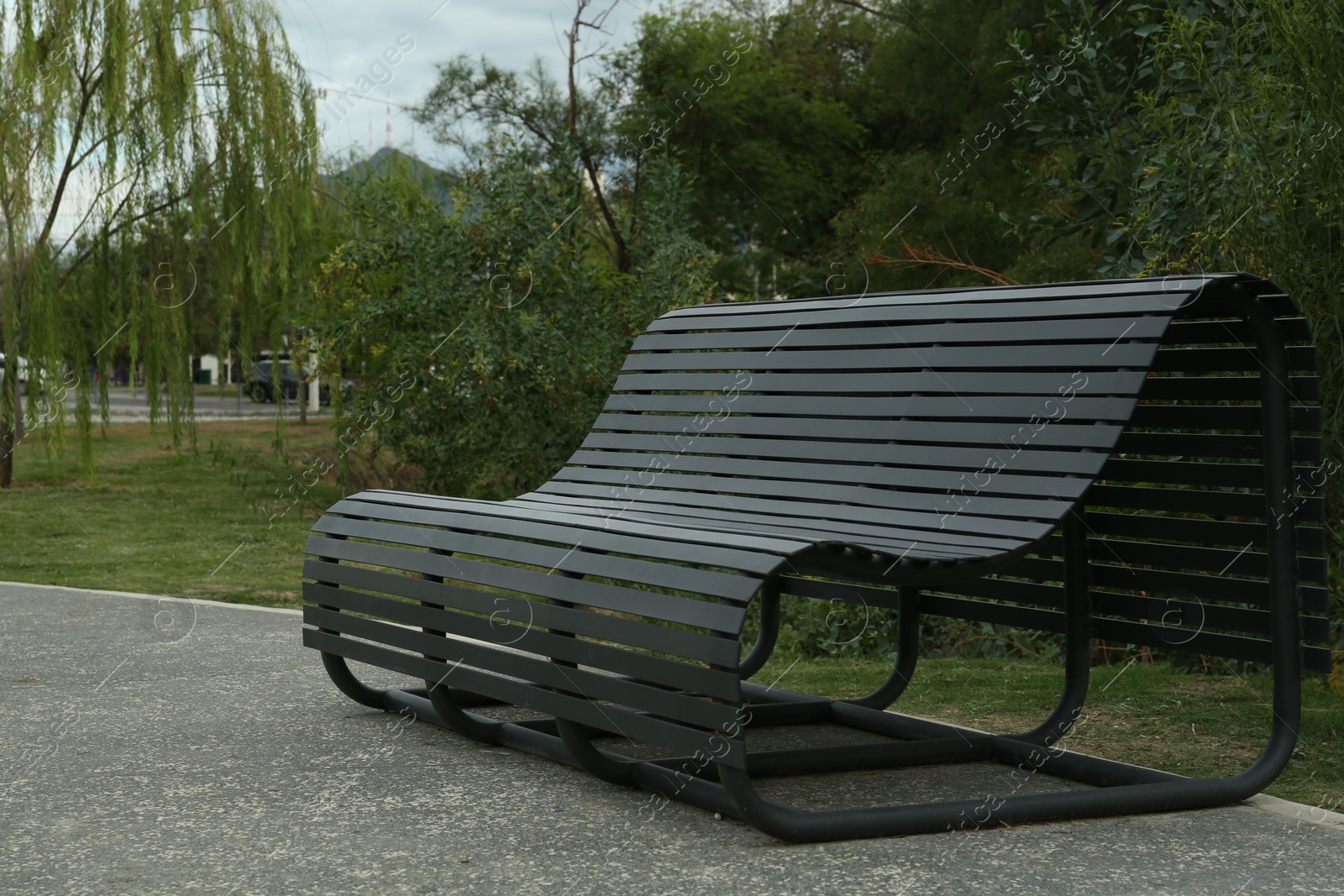 Photo of Beautiful view of black wooden bench and plants in park