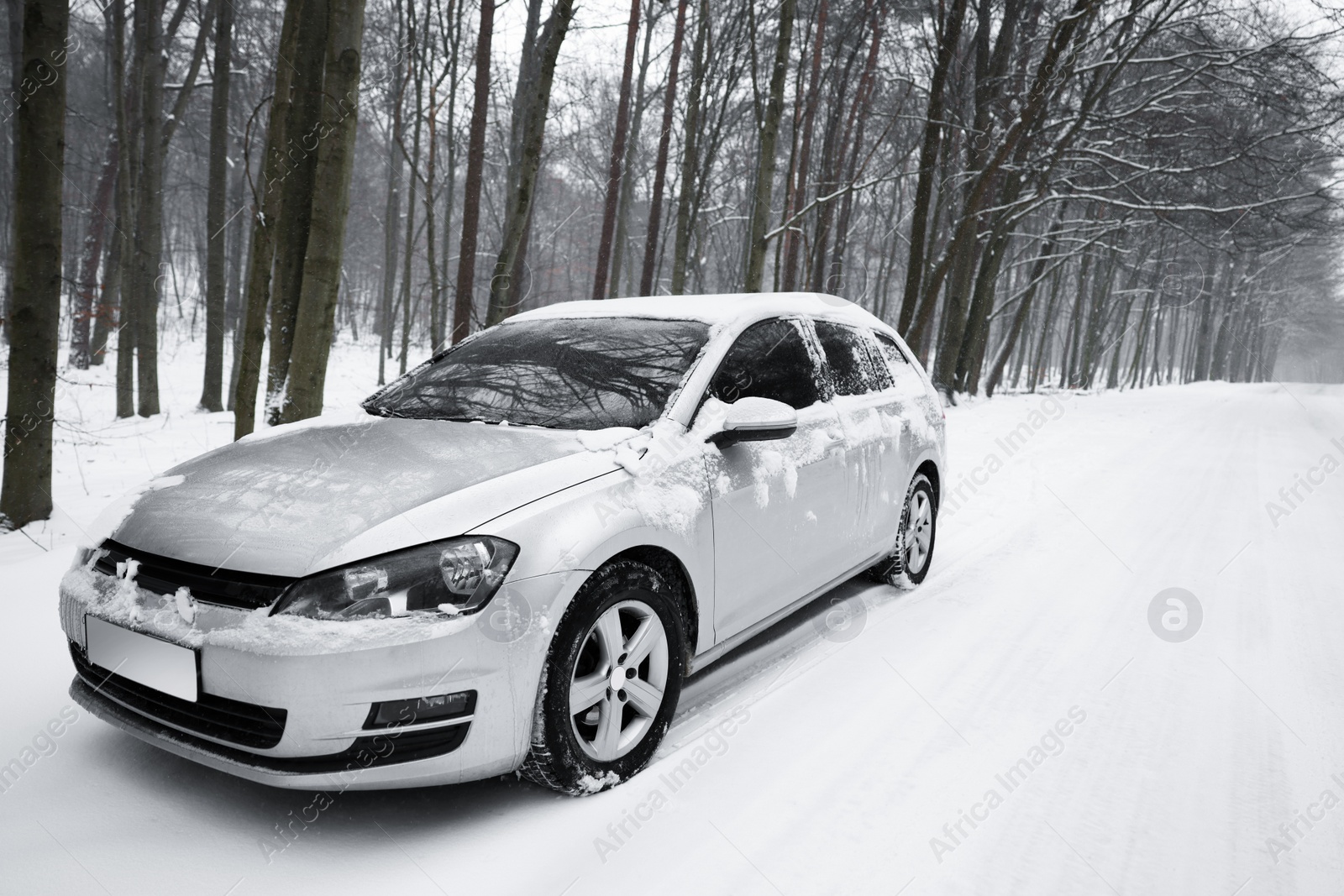 Photo of Car with winter tires on snowy road in forest, space for text